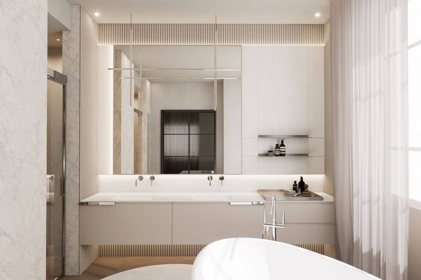 Rendering di bagno con doppio lavabo sospeso, specchio retroilluminato, boiserie a doghe e vasca freestanding