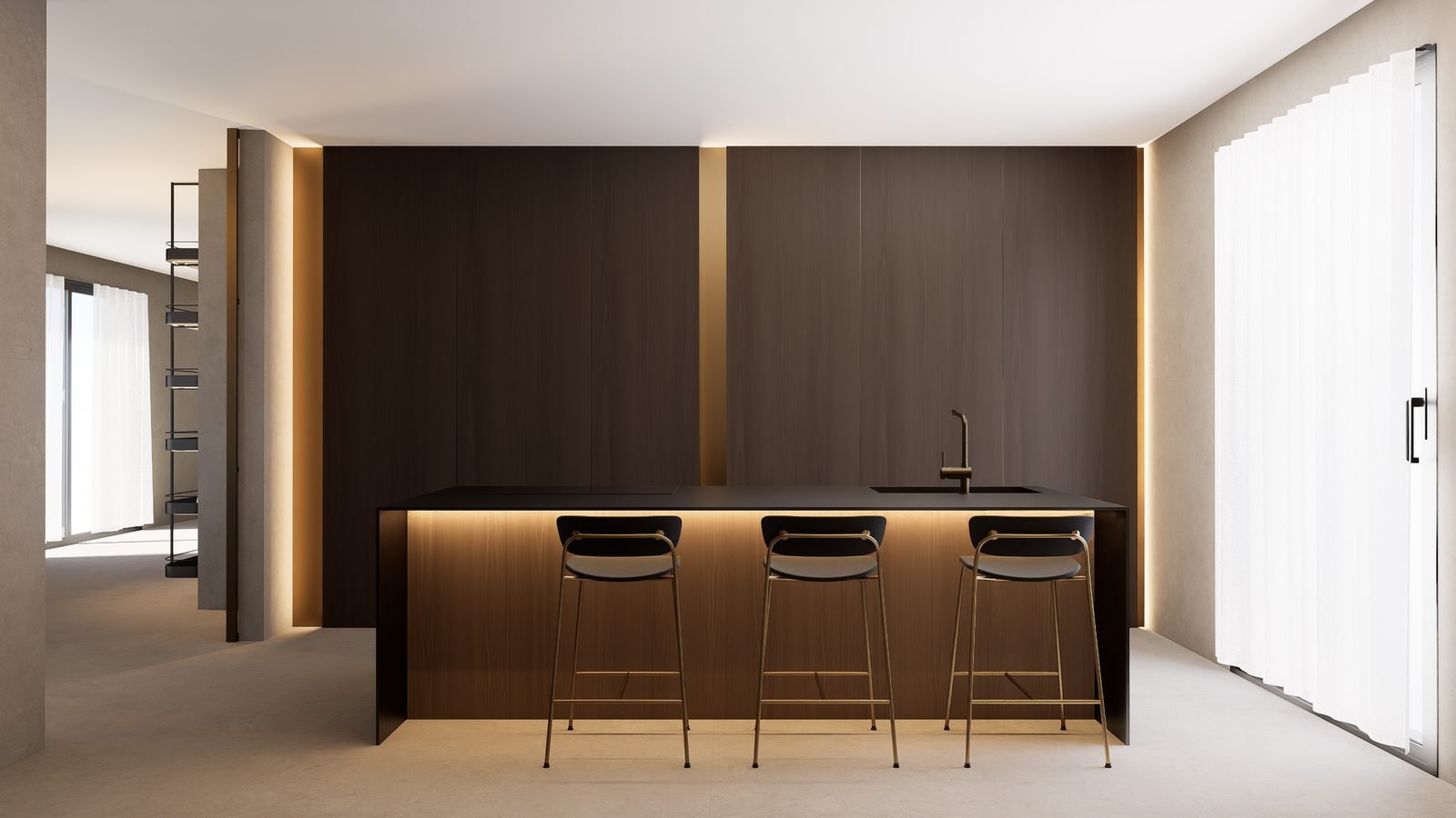 Rendering di cucina con isola nera, sgabelli in ottone, colonne in legno scuro e luce radente